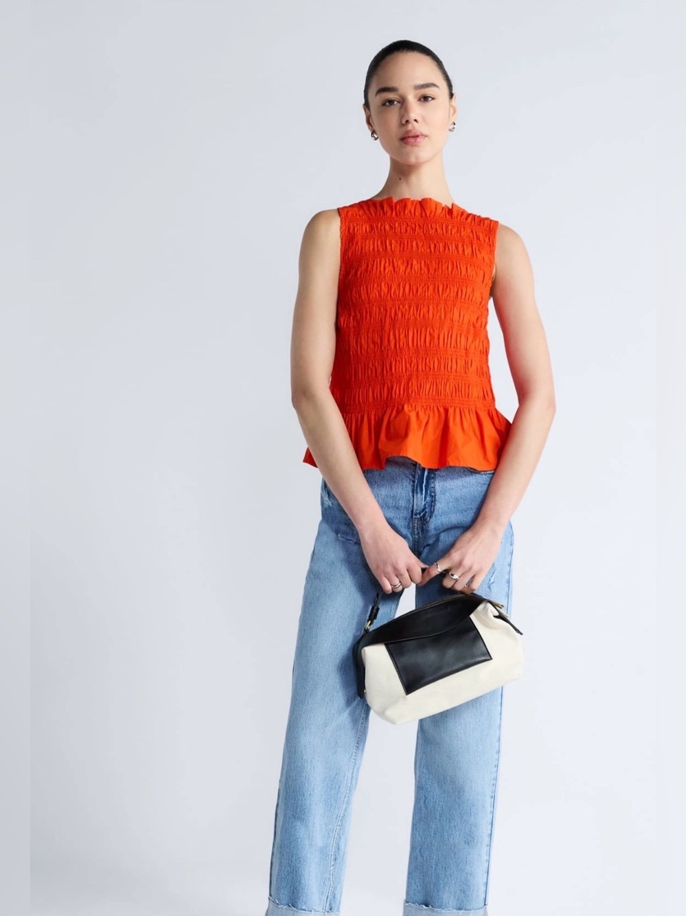 (497)Bright Orange Smocked Peplum Sleeveless Top